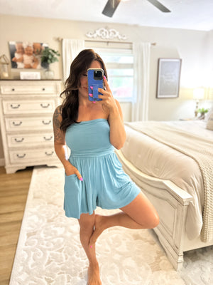 No Worries Strapless Romper - Teal