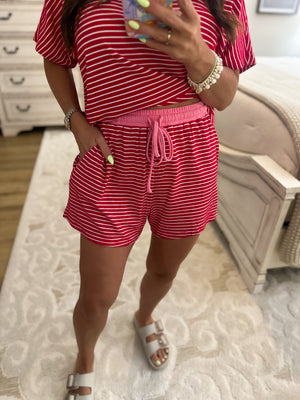 Nikki Striped Knit Shorts - Red/Pink