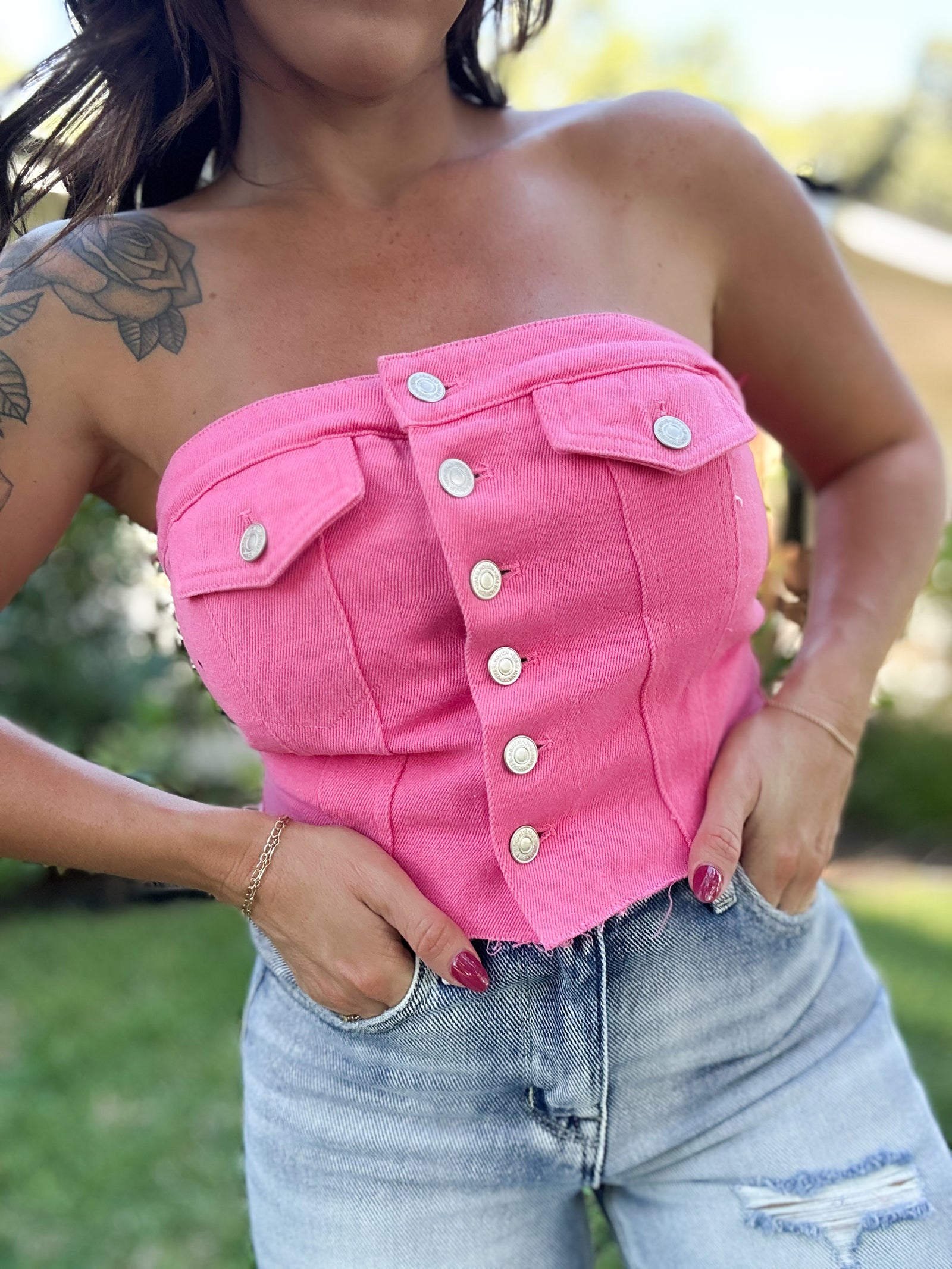 Kaylani Denim Corset Top - Pink