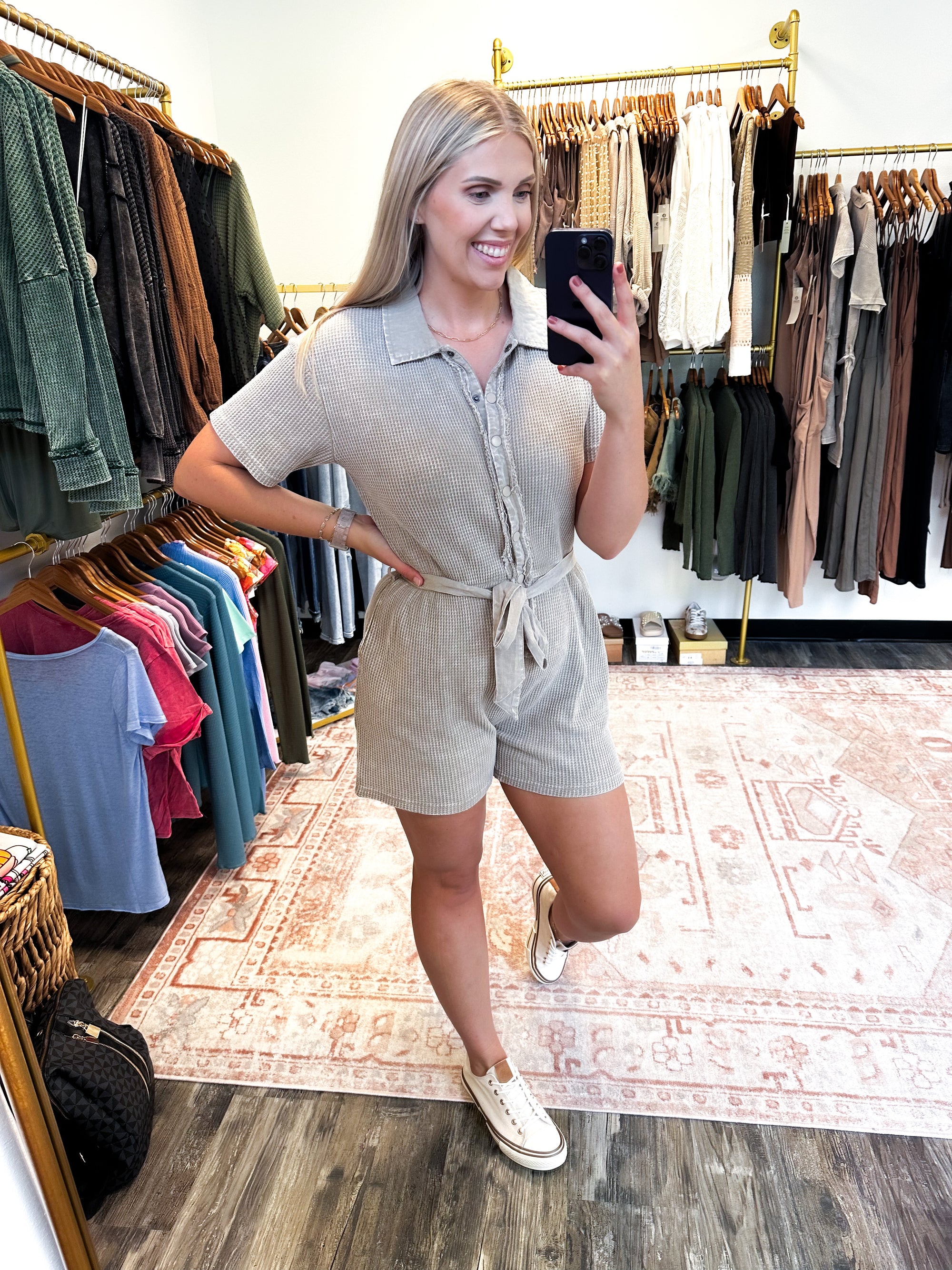Gone Girl Waffle Knit Belted Romper - Taupe
