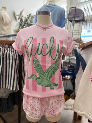 Pink Lucky Duck Striped Comfort Colors Tee