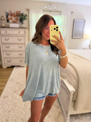 Milo Washed Ribbed Short Boat Neck Tee - Blue Grey