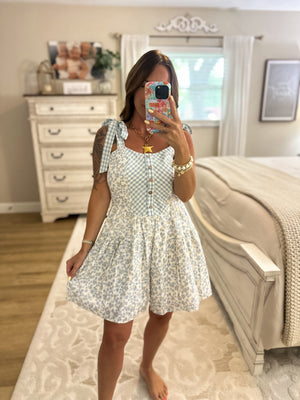 Kara Floral Gingham Tie Shoulder Romper - Sky