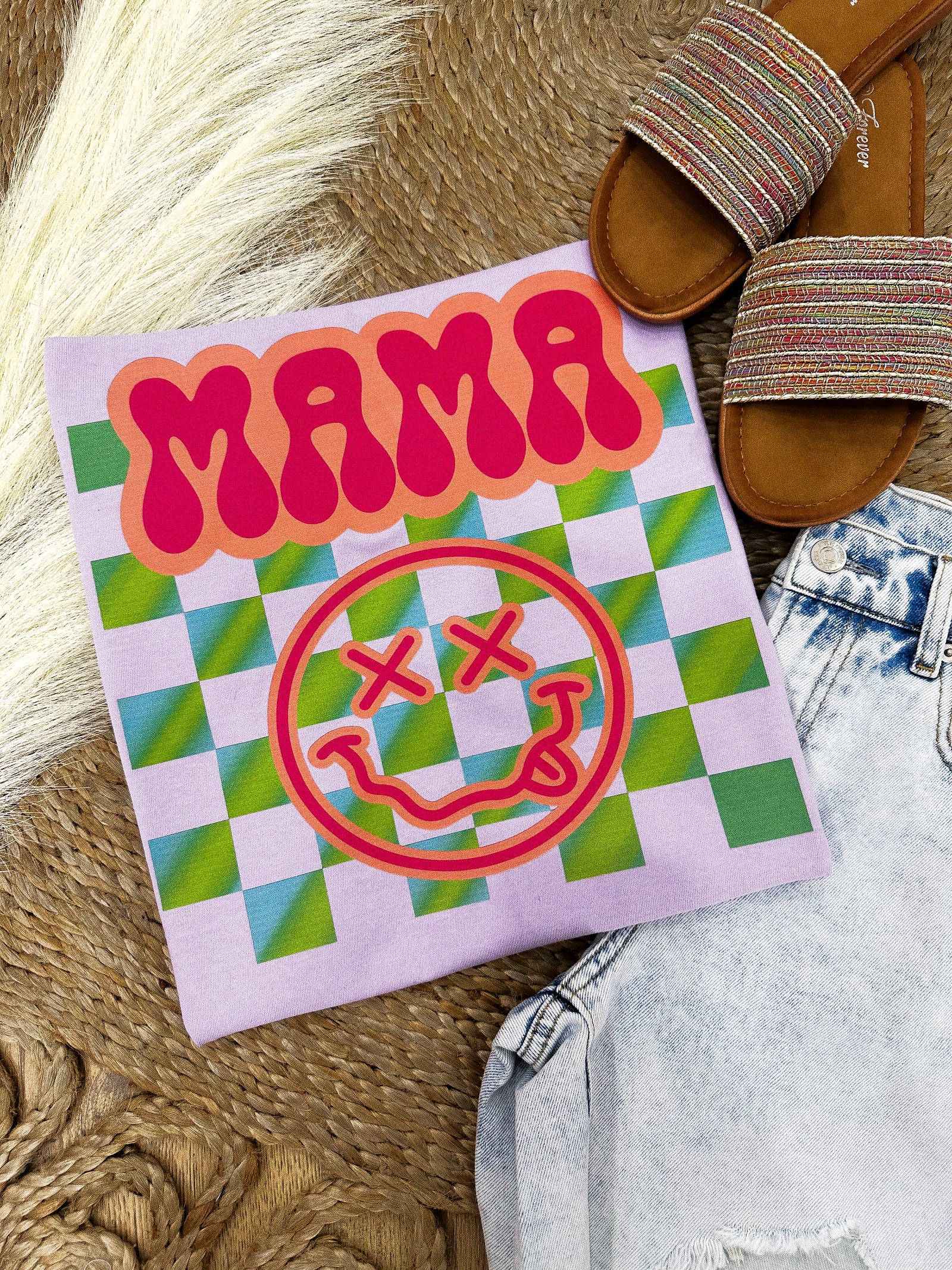Mama Checkered Smiley Comfort Colors Tee - Orchid