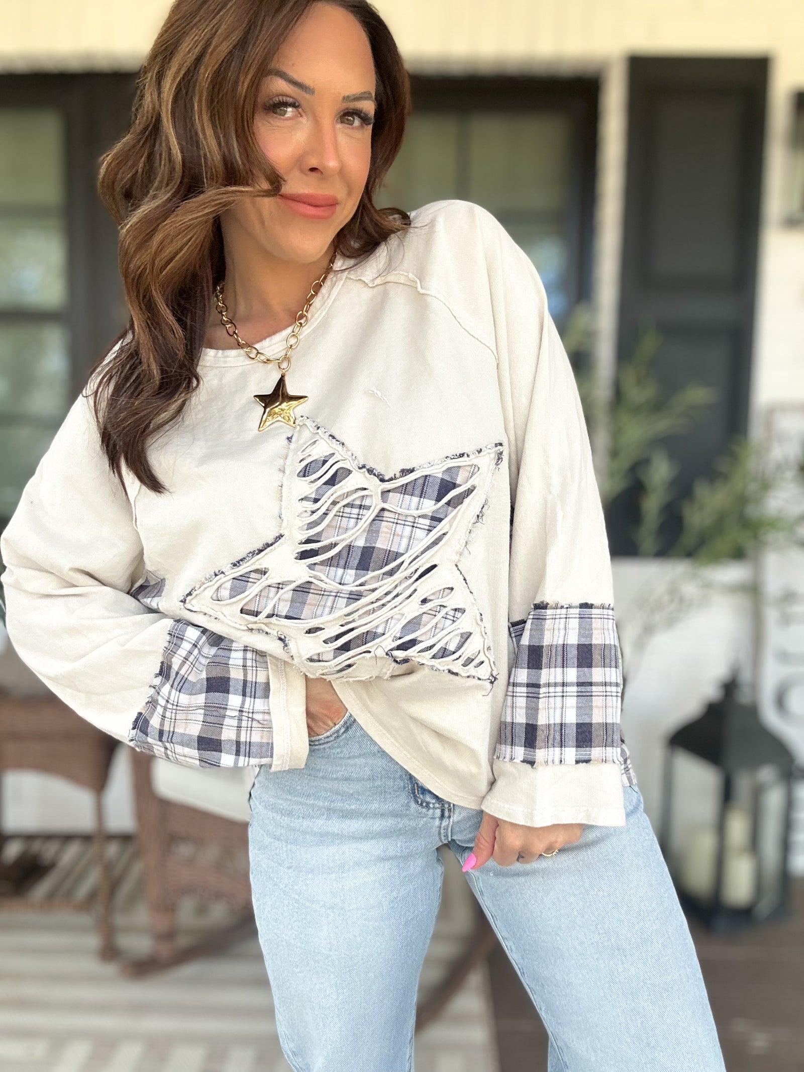 Molly Distressed Plaid Star Top
