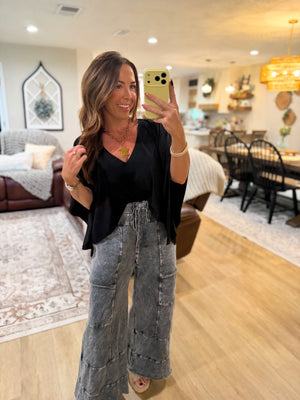 Ava Flowy Vneck Poncho Top - Black