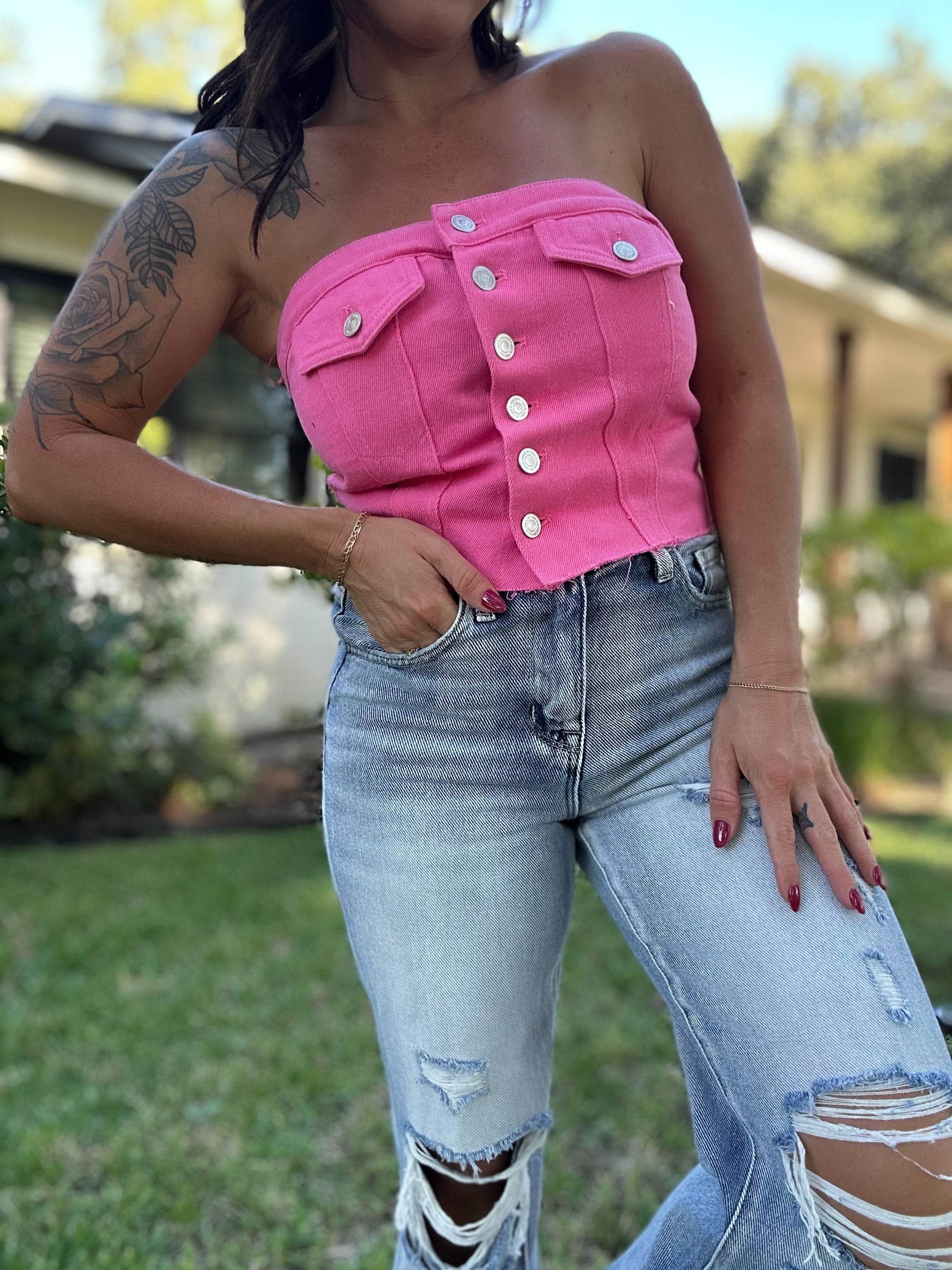 Kaylani Denim Corset Top - Pink