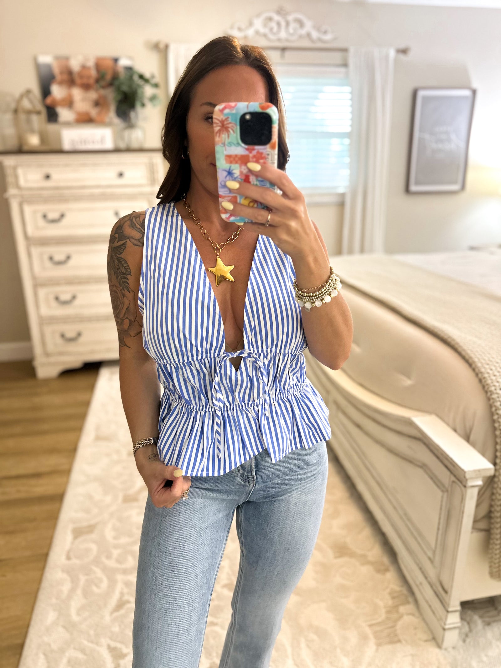 Claire Striped Ruffle Tank - Bright Blue