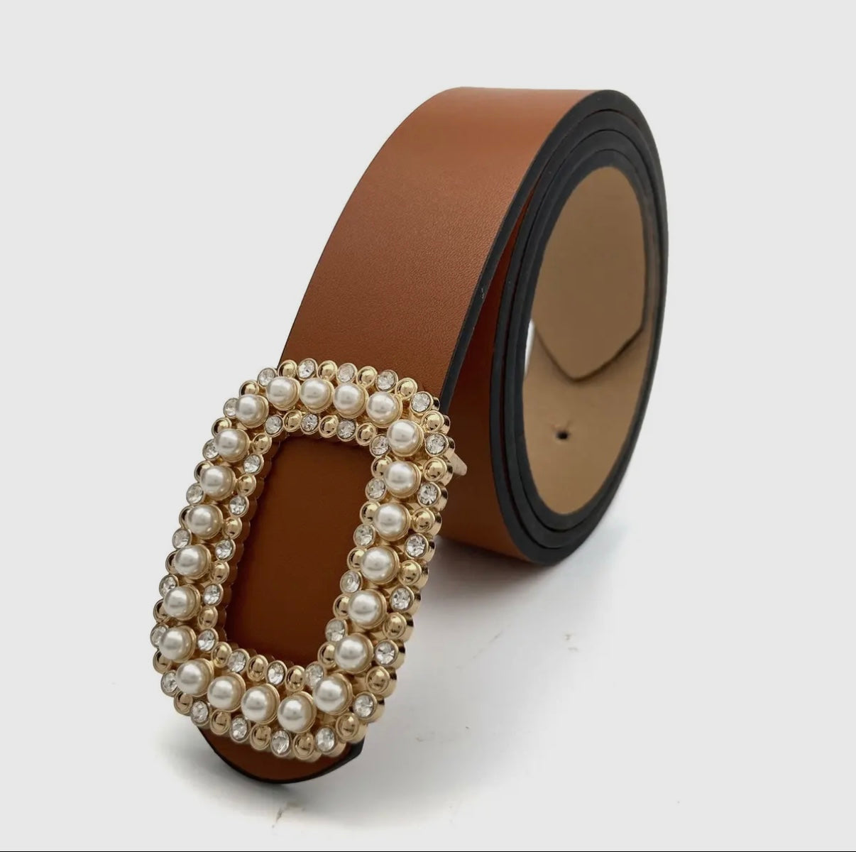 Round Pearl & Rhinestone Buckle Belt - Cognac