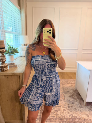 Charity Paisley Print Smocked Strapless Romper - Denim