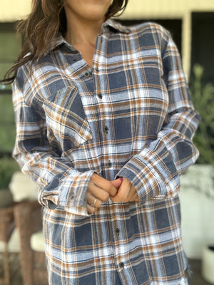 Lana Button Up Flannel Top- Navy