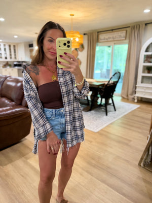 Sterling Plaid Collared Button Down Distressed Top - Blue