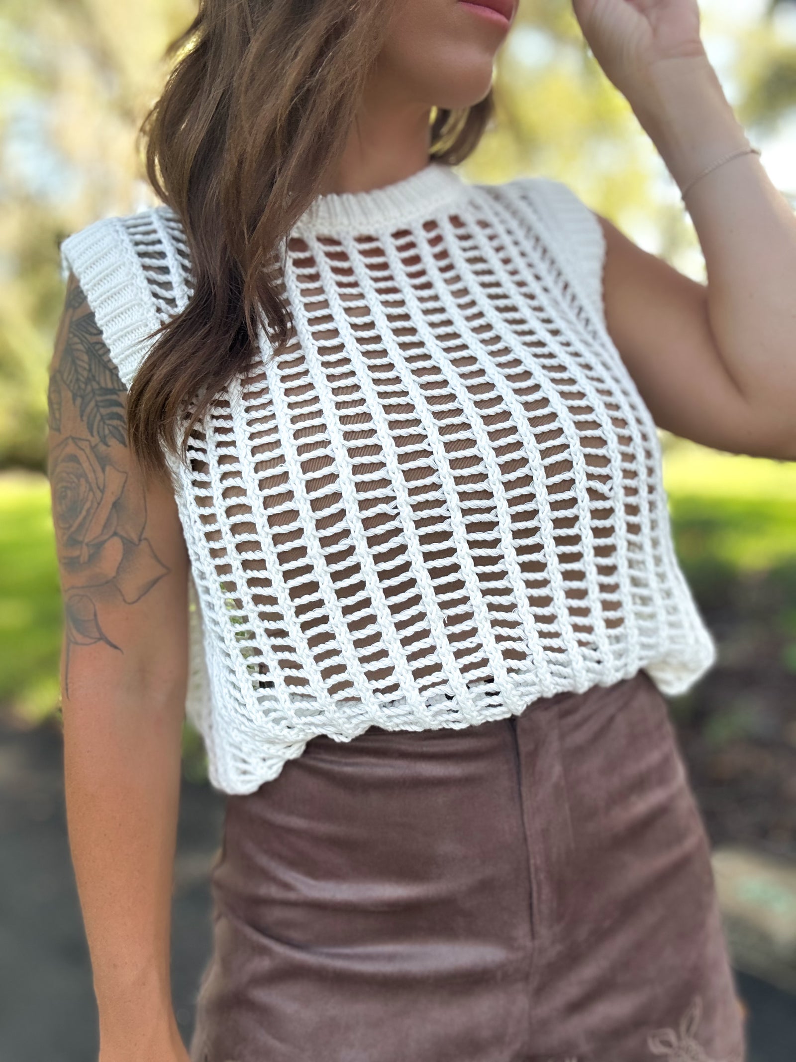 Riding Waves Open Knit Sweater Top - White