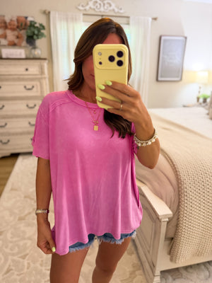 Milo Washed Ribbed Short Boat Neck Tee - Candy Pink