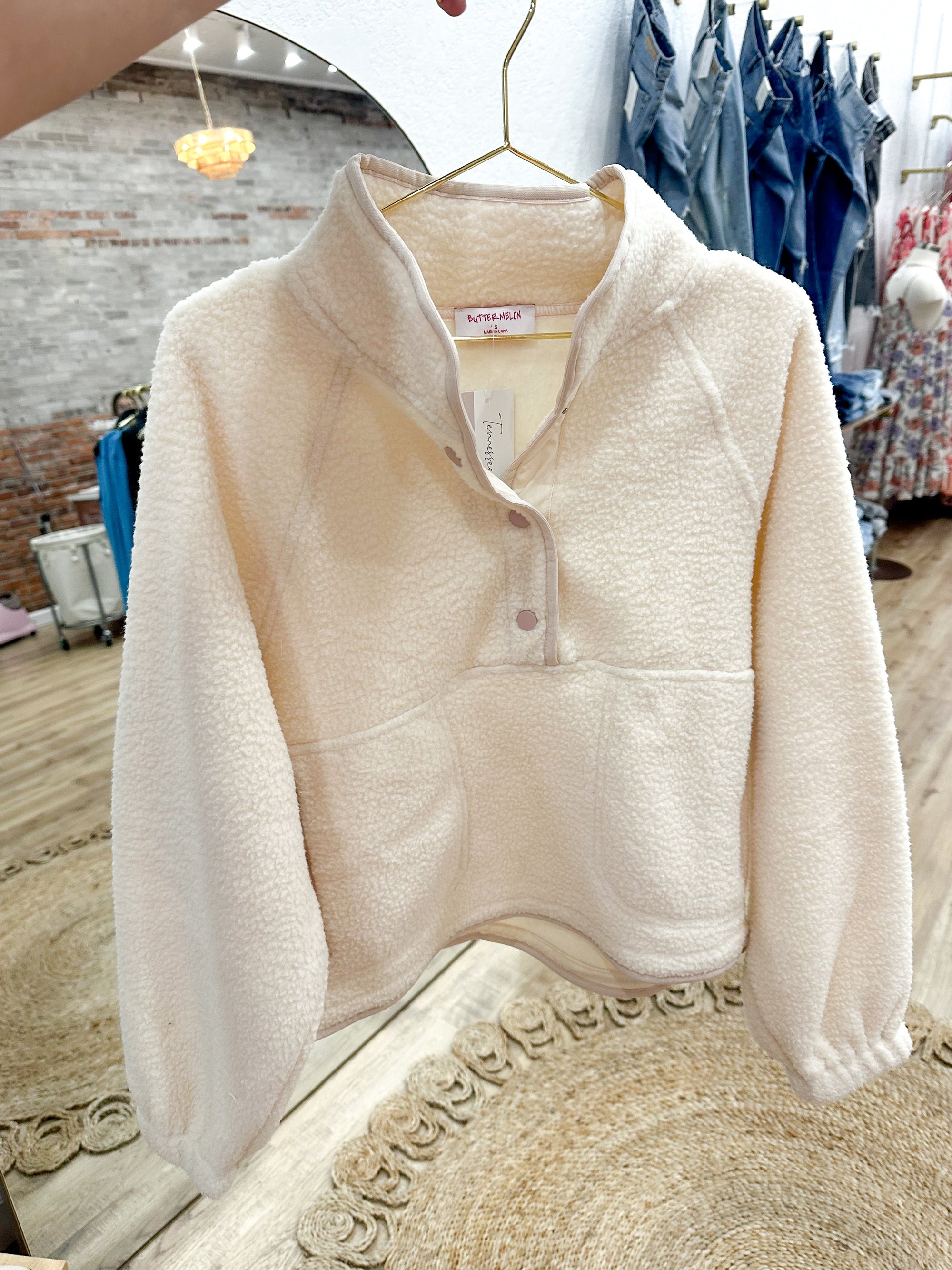 Dancin' Queen Button Front Sherpa Sweater - Ivory/Pink