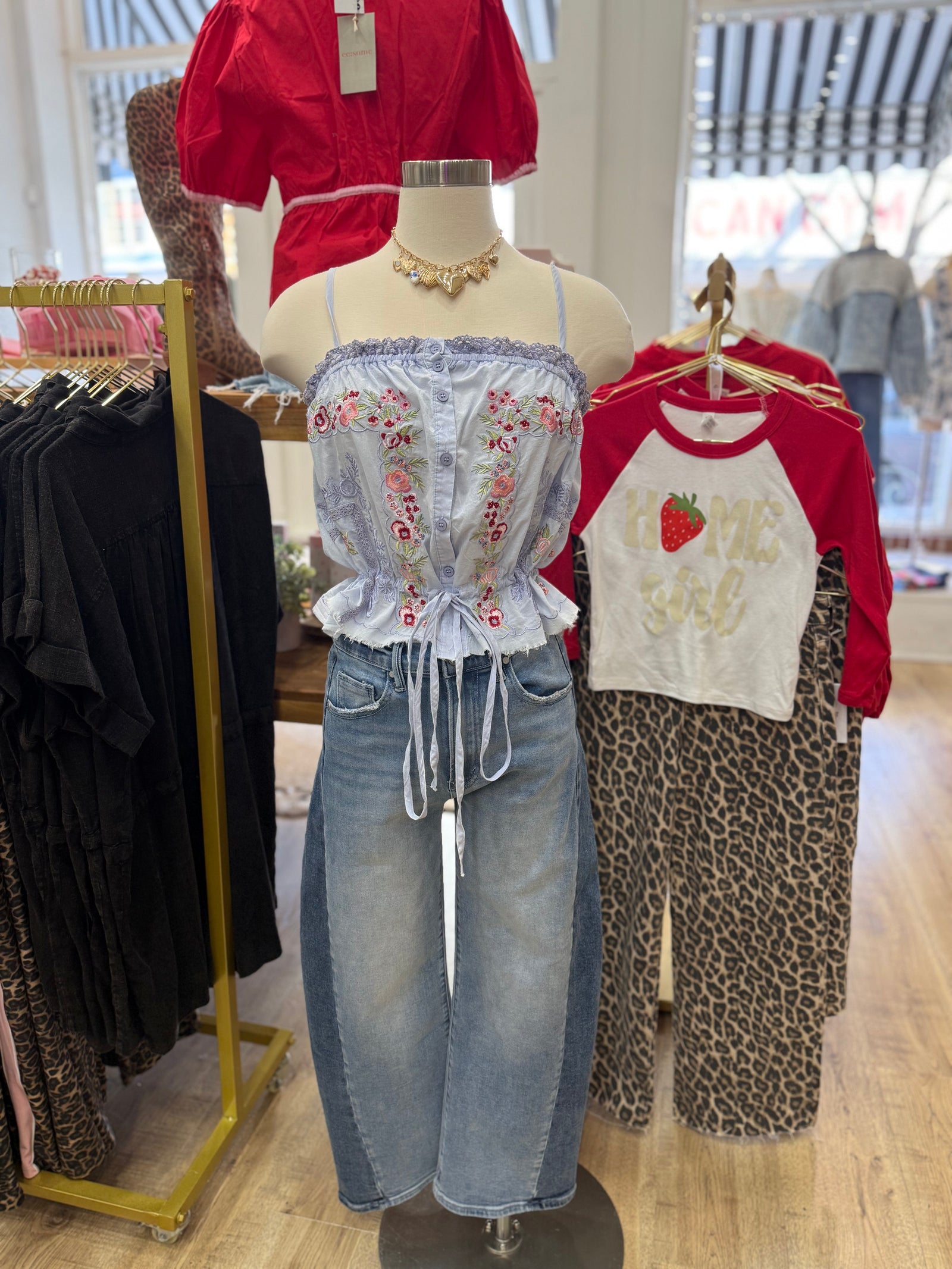 Evelyn Embroidered Cinch Tank - Blue