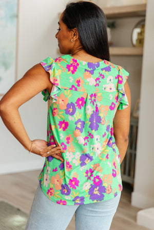 Lizzy Flutter Sleeve Top in Emerald and Purple Floral