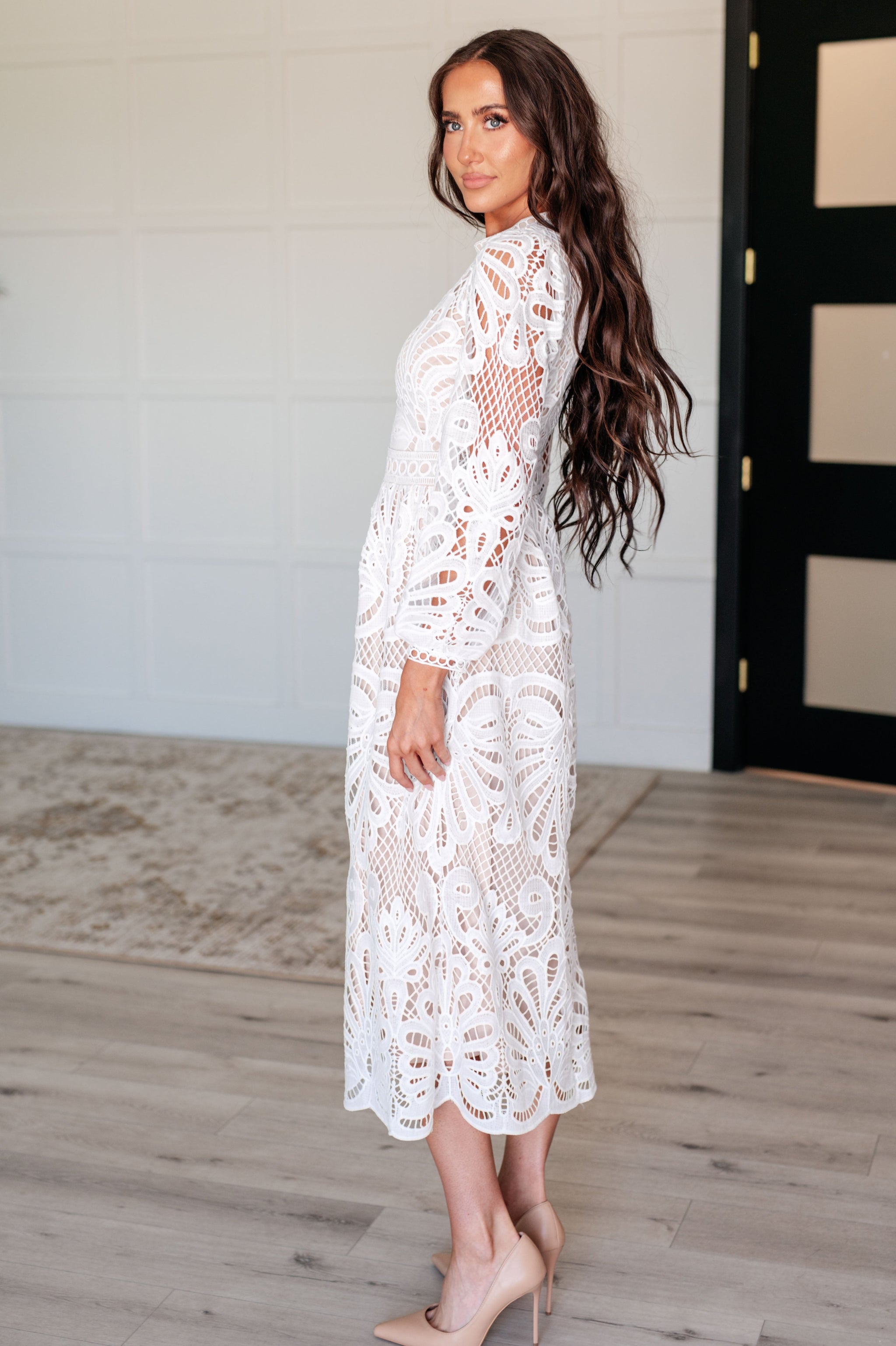 mock lace dress Scallop Detailed Lace Mock Neck Maxi Dress - Black
