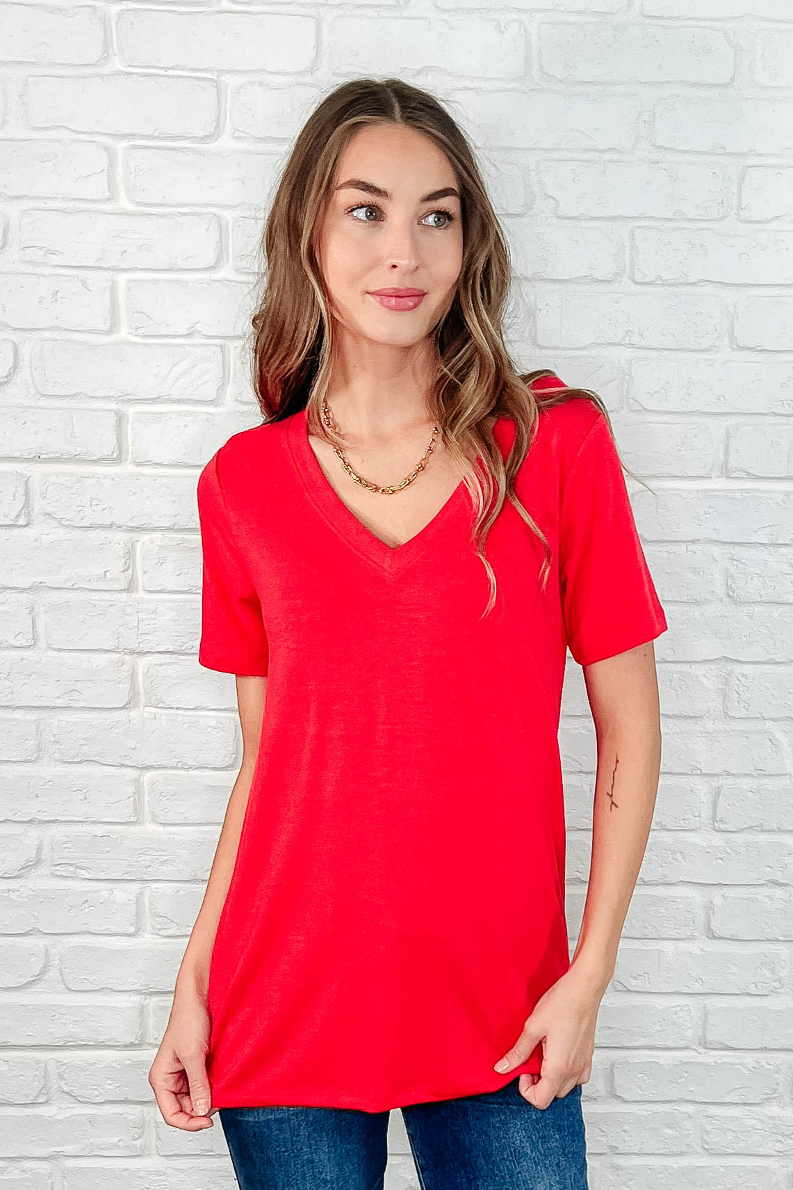 The Every Outfit Basic V-Neck Top in  Ruby