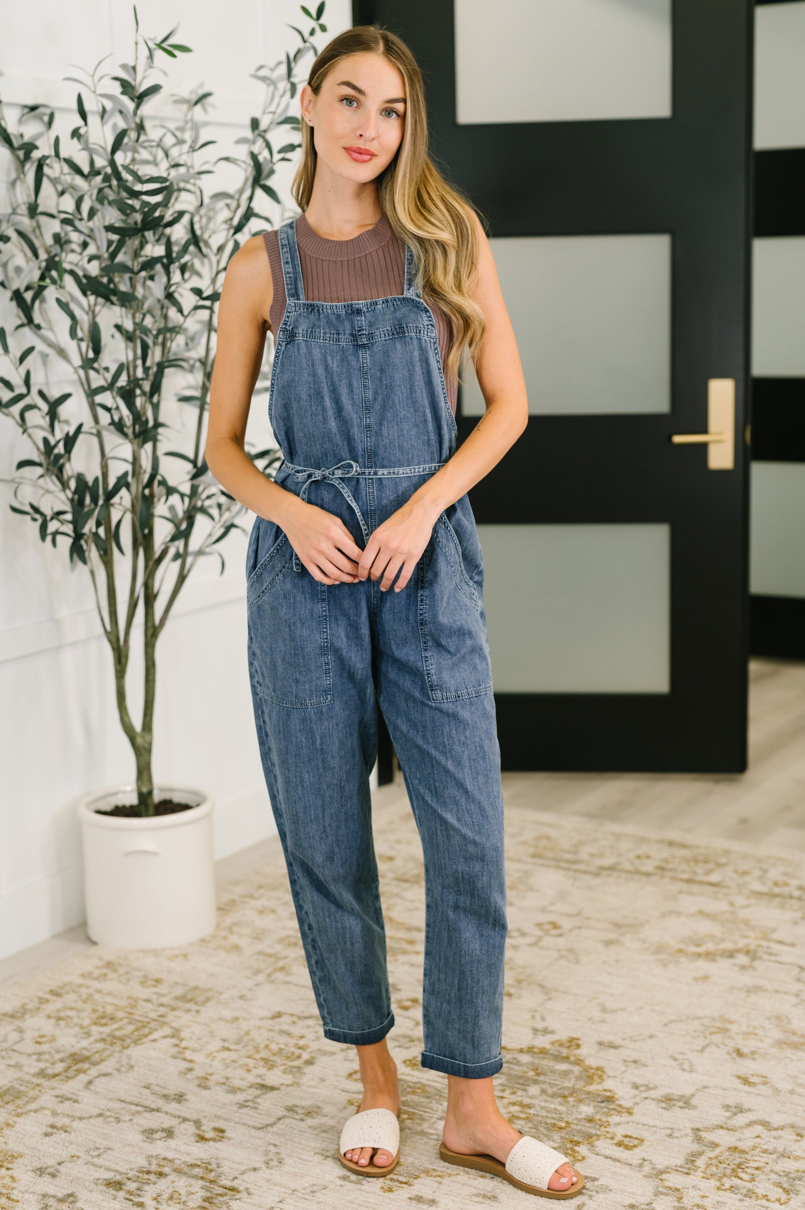 Too Cute to Compute Waist Tie Overalls in Dark Blue