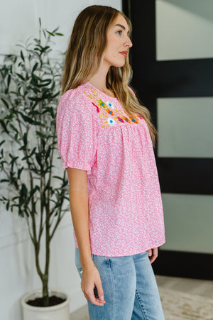 Wander Bloom Embroidered Puff Sleeve Blouse in Pink