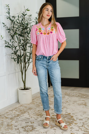 Wander Bloom Embroidered Puff Sleeve Blouse in Pink