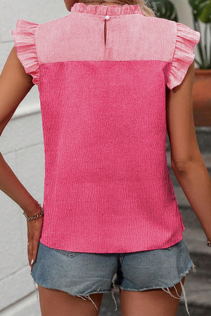 Ruffled Color Block Round Neck Blouse