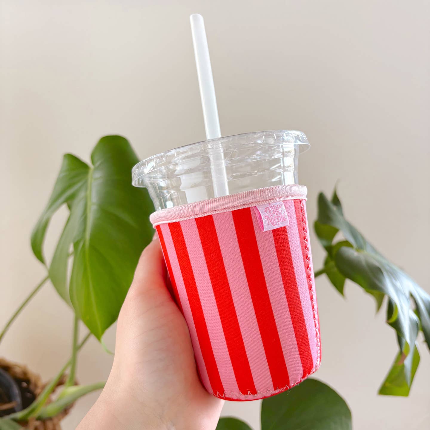 Iced Coffee Cup Cover - Red & Pink Stripe