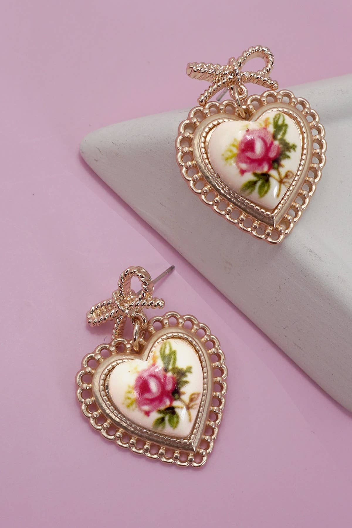 Rose Ceramic Bow Drop Earrings