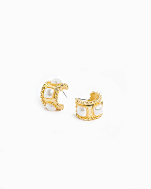 Rope Textured Square Pearl Hoop Earring - Gold