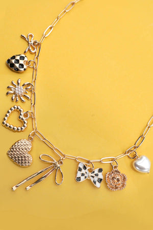 Checkered Bow Charm Necklace