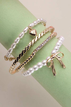 Bow Pearl Rhinestone Bangle Set