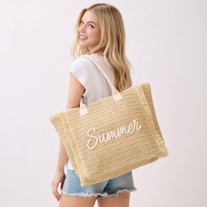Summer Woven Straw Fringe Tote Bag