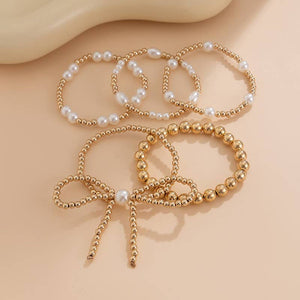 Beaded Pearl Bow Bracelet Set