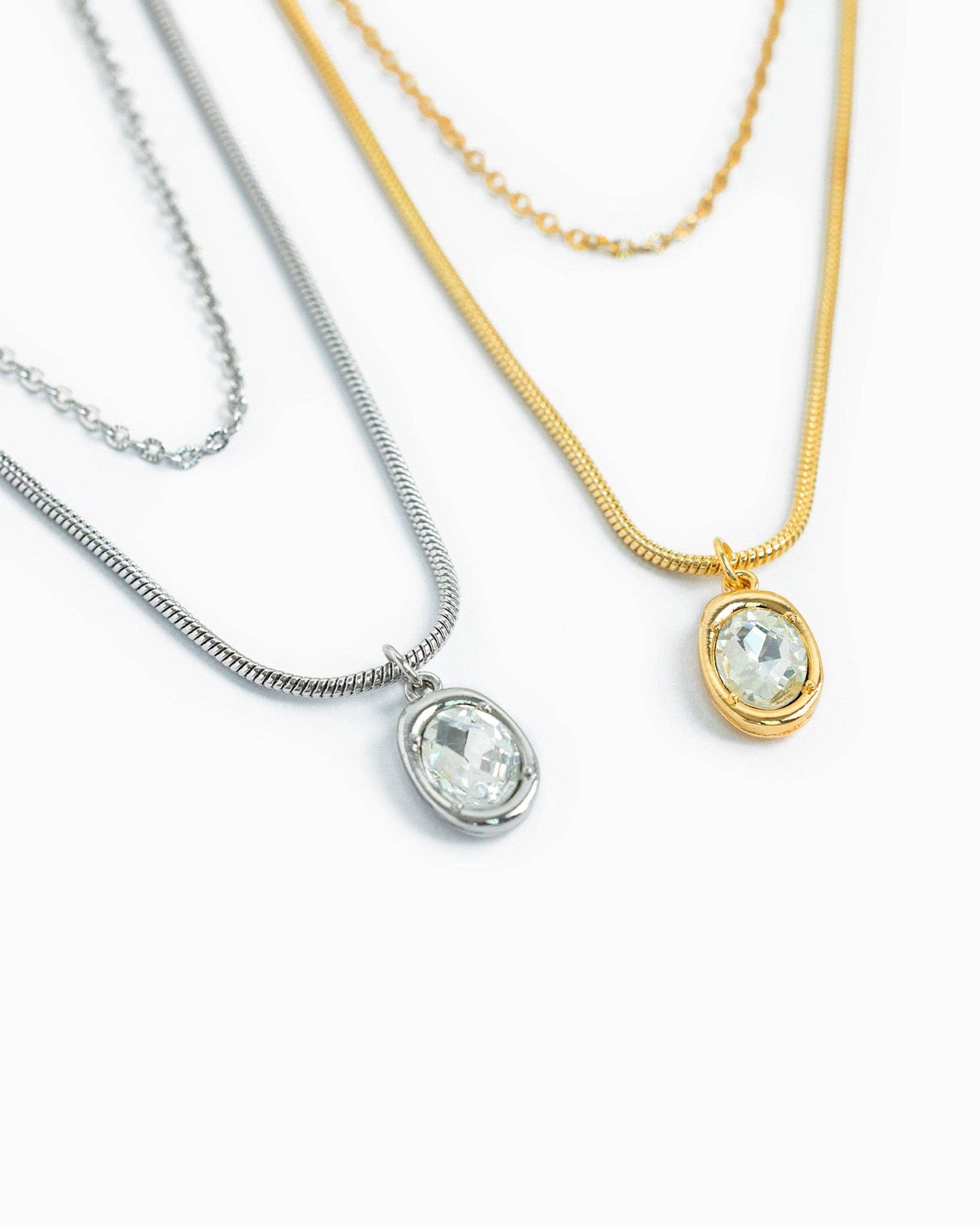 Layered Glass Stone Oval Necklace - Silver