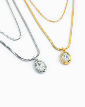 Layered Glass Stone Oval Necklace - Gold
