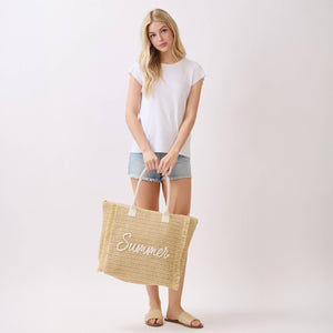 Summer Woven Straw Fringe Tote Bag