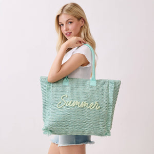 Summer Woven Straw Fringe Tote Bag
