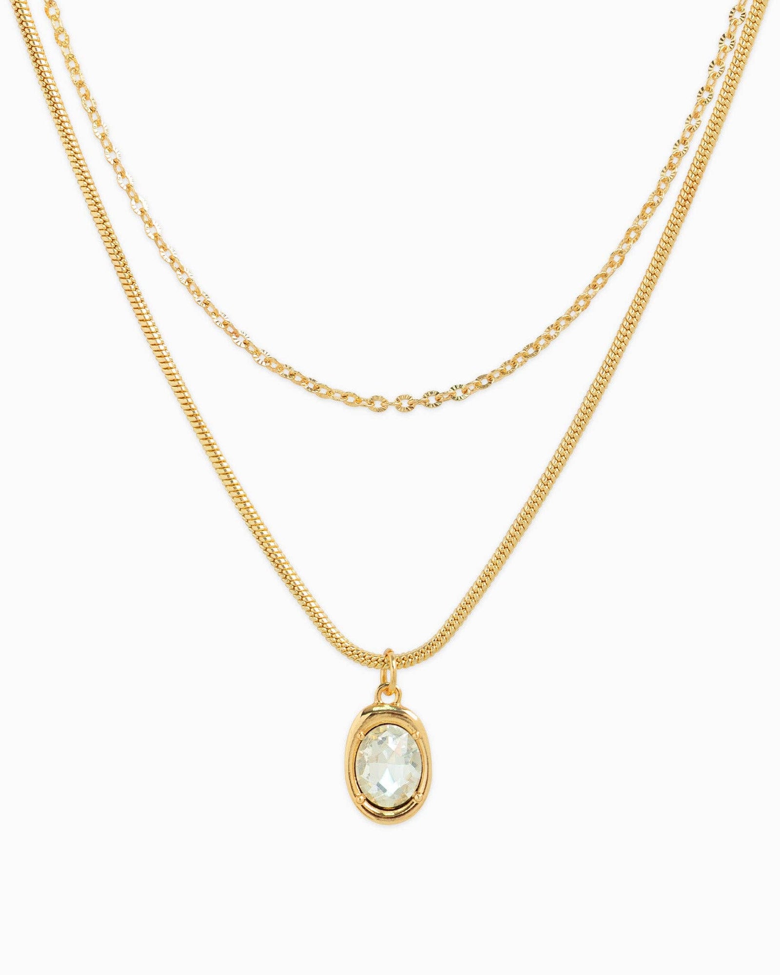 Layered Glass Stone Oval Necklace - Gold
