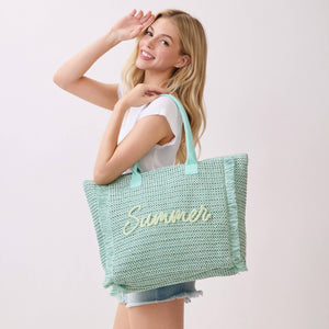 Summer Woven Straw Fringe Tote Bag