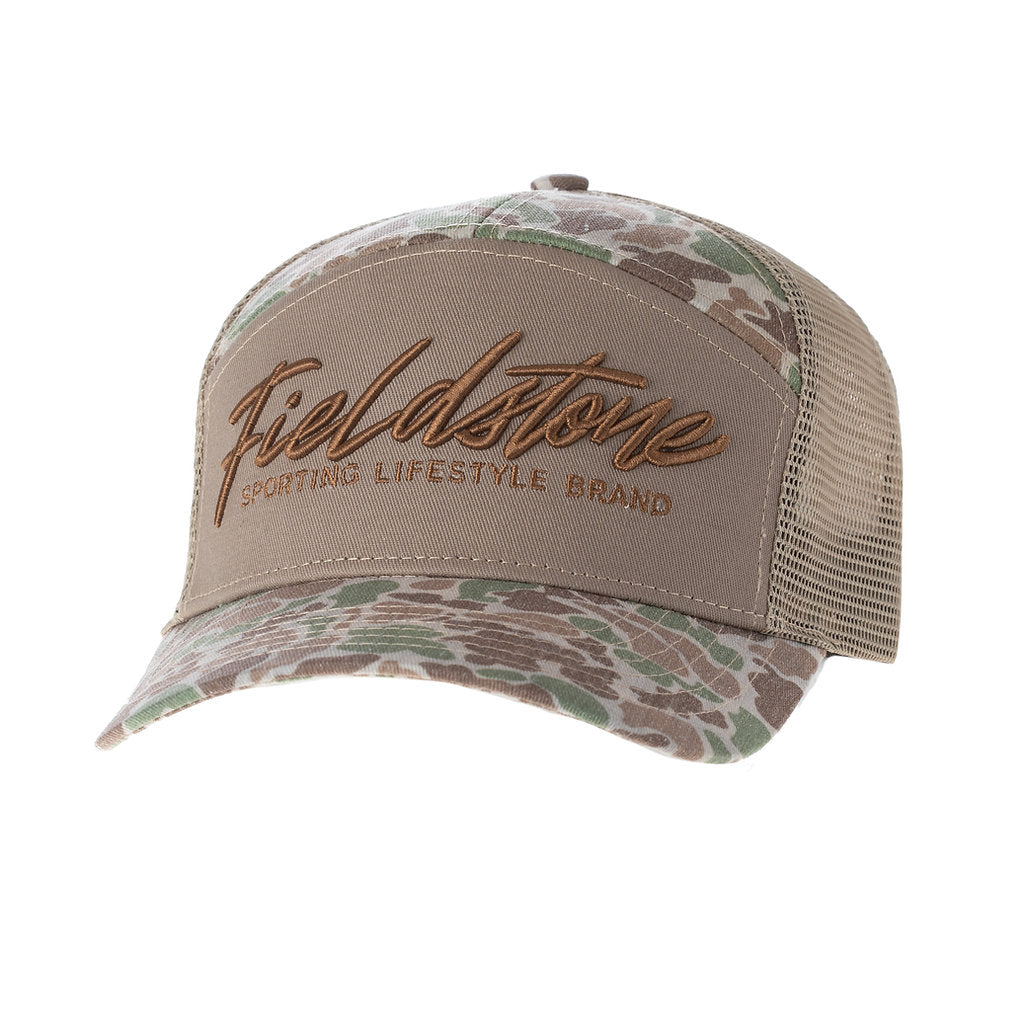 Fieldstone 7 Panel Script Logo Camo Hat