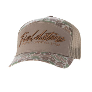 Fieldstone 7 Panel Script Logo Camo Hat