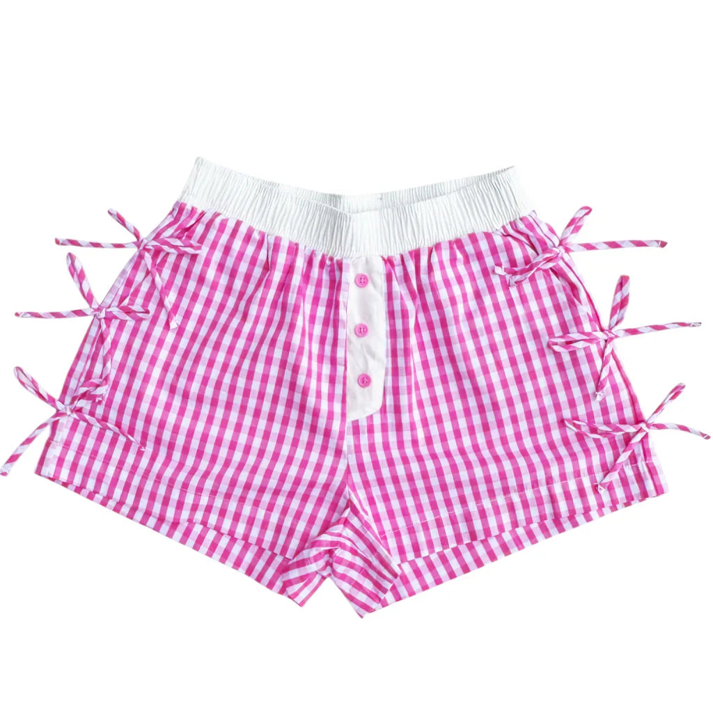 LuluMac Button Bow Gingham Boxer Shorts - Pink