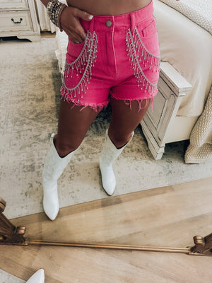 Main Character Rhinestone Shorts - Hot Pink