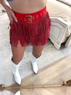 It Girl Rhinestone Fringe Shorts - Red