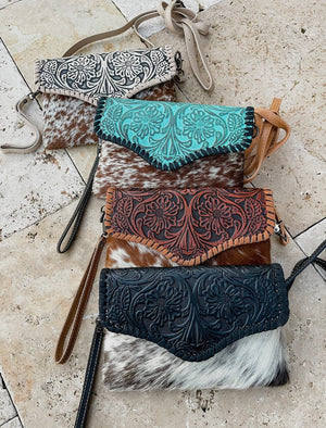 Tooled Wristlet Crossbody Western Leather Cowhide Clutch - PREORDER