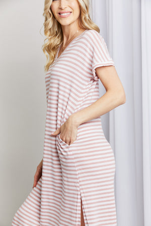 Horizontal Stripe Side Slit V-Neck Dress