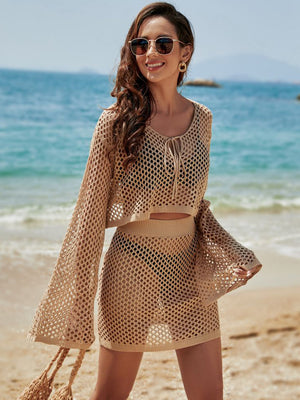 Openwork Tie Neck Top and Skirt Swimsuit Cover-Up Set