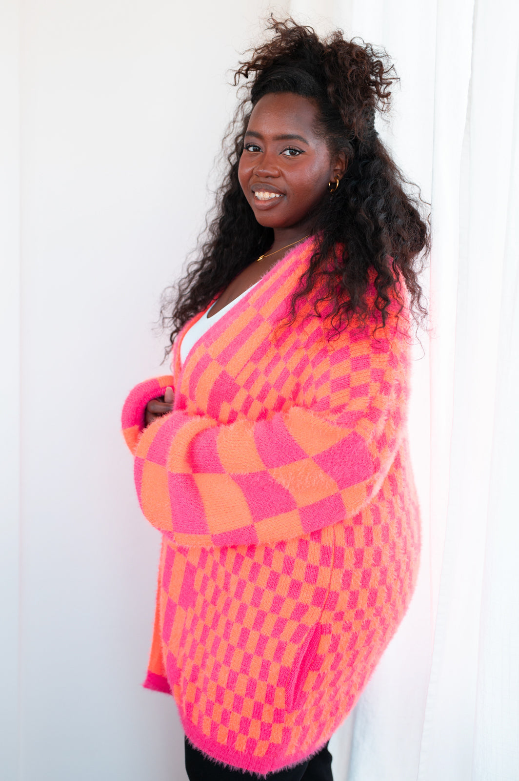 Noticed in Neon Checkered Cardigan in Pink and Orange - Tennessee Jane